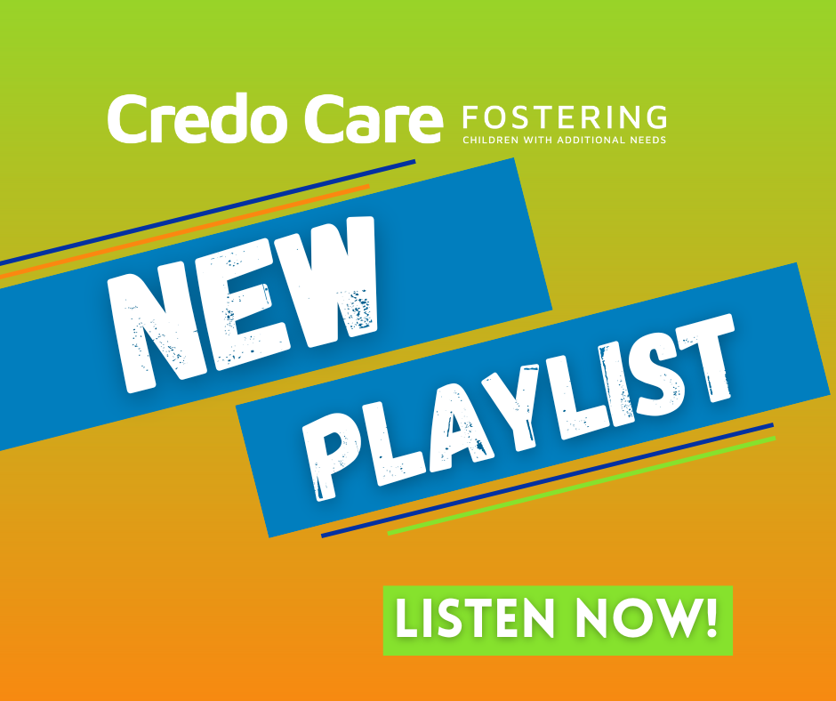 Green to orange blend background that says 'New Playlist - Listen Now!' in white text.