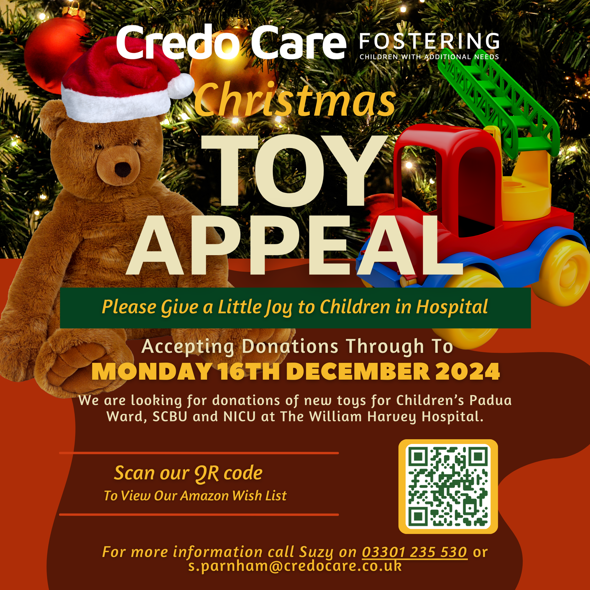 Text: Christmas Toy Appeal with a QR code. On a red background with images of a teddy and play truck.